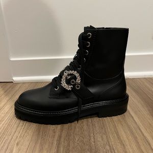 JIMMY CHOO size 39 Black Soft Calf Leather Combat Boots with Crystal Buckle
